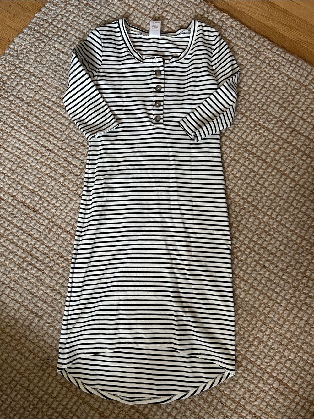 Striped Black & White Henley Midi Dress - 3/4 Sleeve
